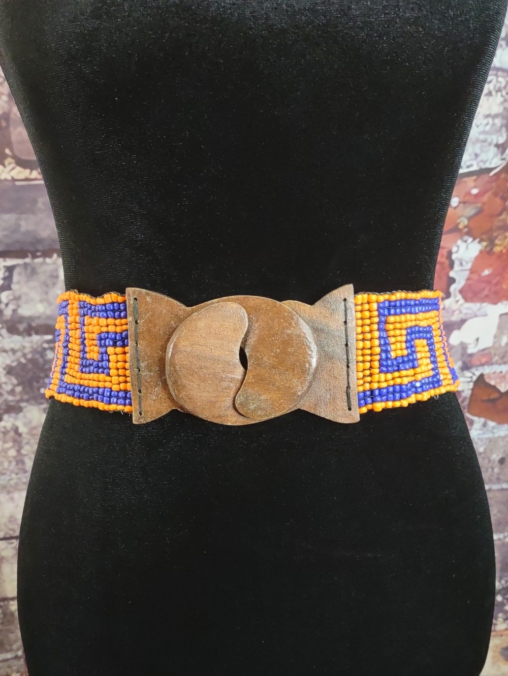 Artisan Crafted Beaded Stretch Belt With Wooden Buckle